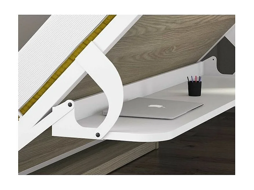 Lit escamotable 90x190 P 34cm blanc satiné avec étagères et bureau Miko