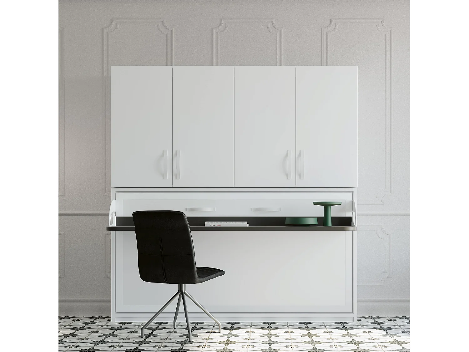 Lit escamotable 90x190 P 34cm blanc satiné avec étagères et bureau Miko