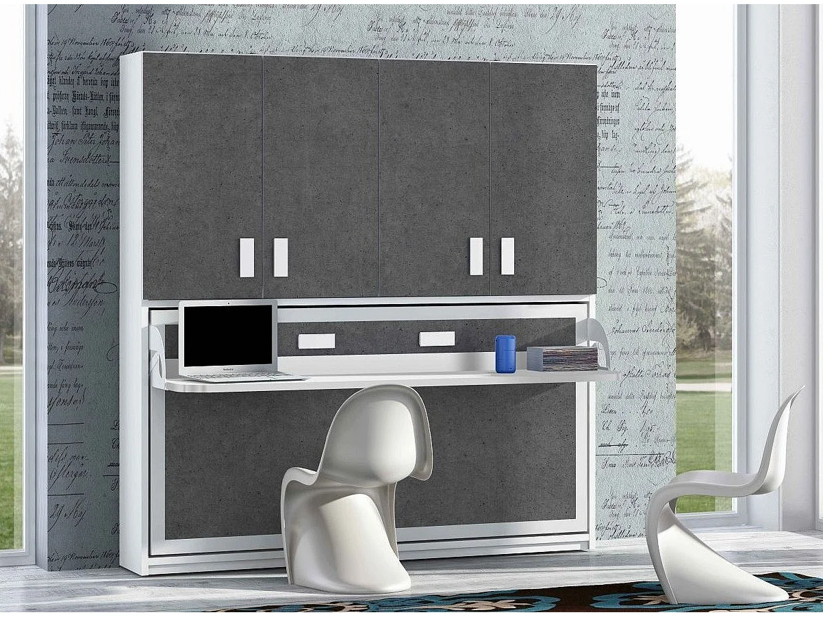 Lit escamotable 140x190 P 53cm gris béton avec étagères et bureau Miko