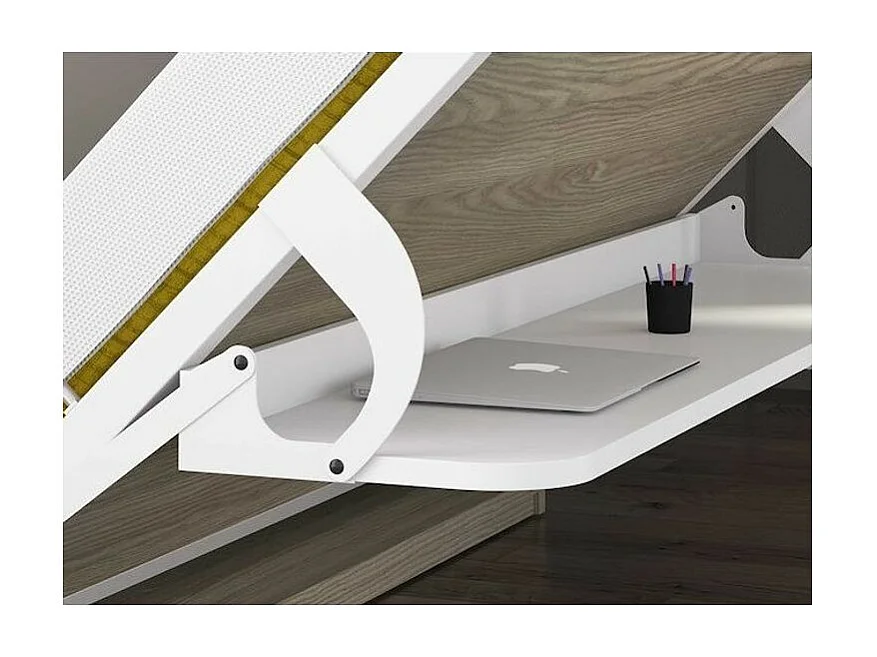 Lit escamotable 140x190 P 53cm gris béton avec étagères et bureau Miko