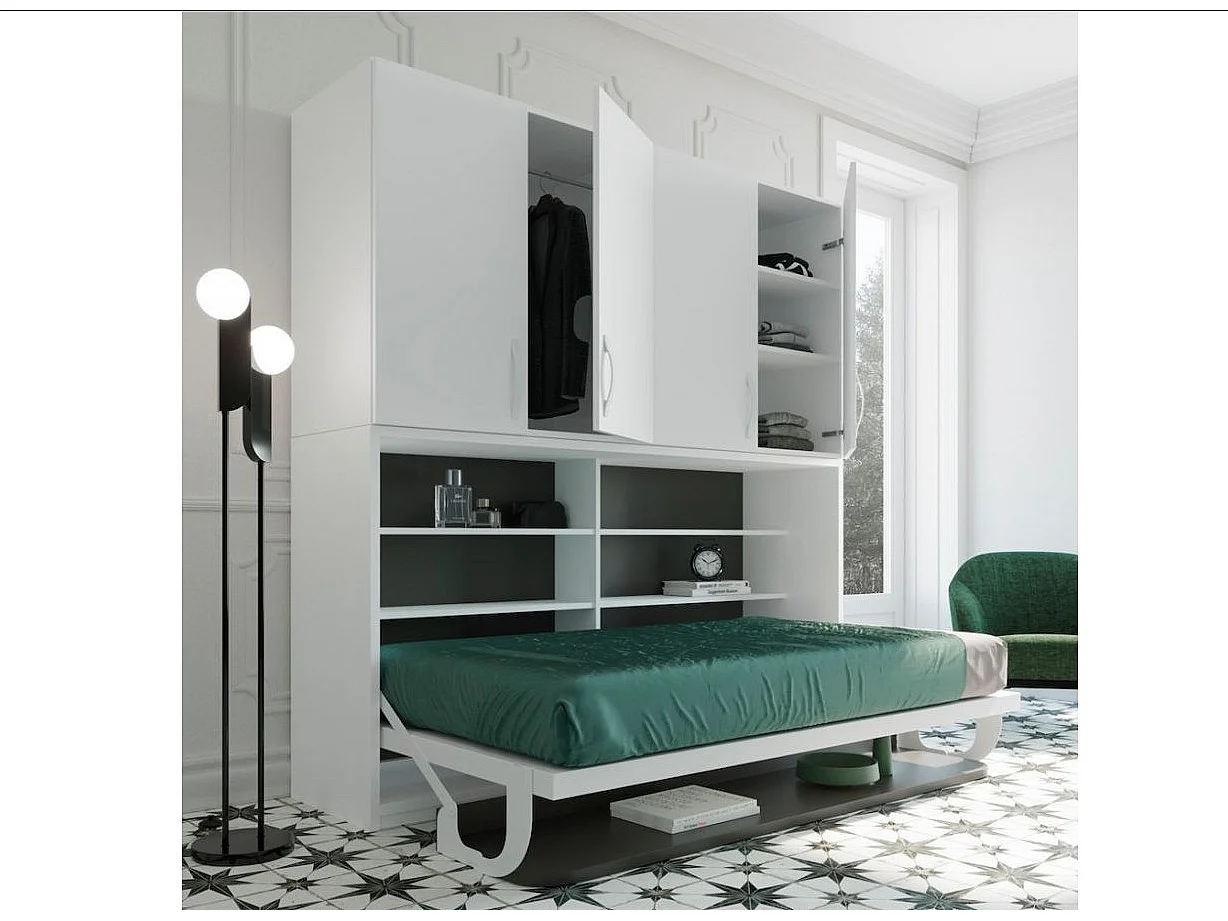 Lit escamotable 140x190 P 53cm gris béton avec étagères et bureau Miko