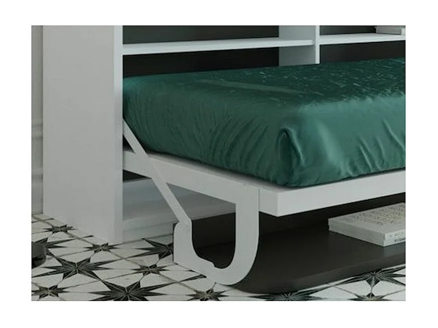 Lit escamotable 140x190 P 53cm gris béton avec étagères et bureau Miko