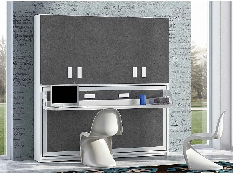 Lit escamotable 140x190 P 53cm gris béton avec étagères et bureau Miko