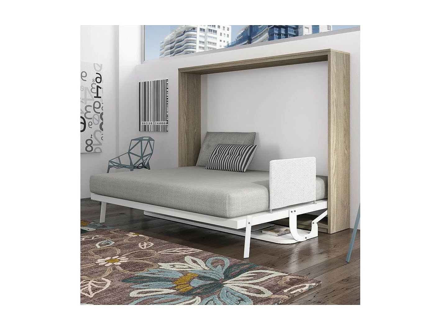 Lit escamotable avec bureau 140x190 gris ciment P 35 Kinoa