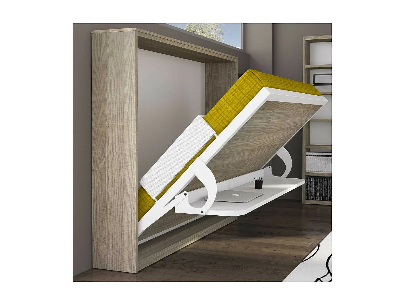 Lit escamotable avec bureau 90x190 chêne gris P 35 Kinoa