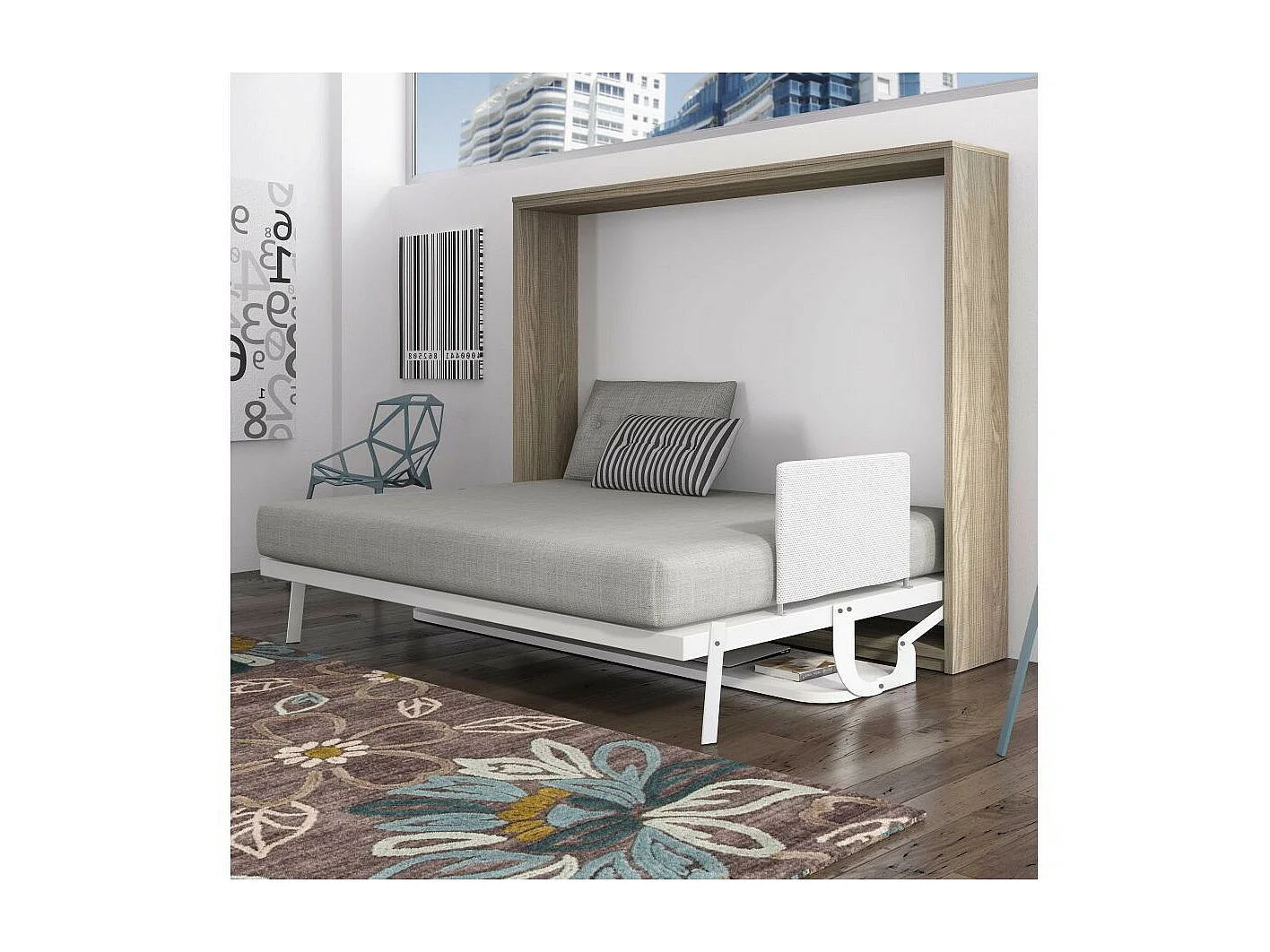 Lit escamotable avec bureau 90x190 chêne gris P 35 Kinoa