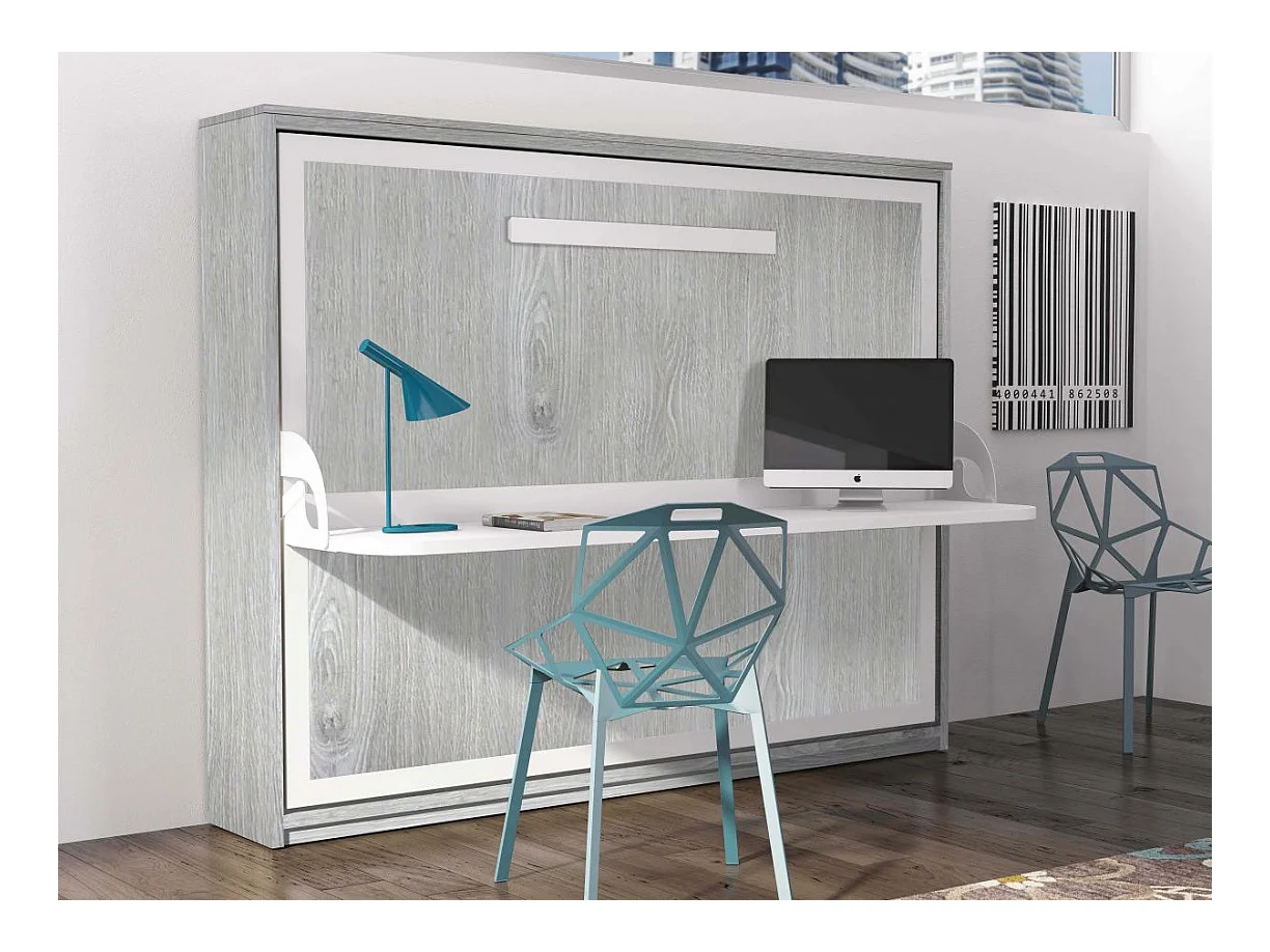 Lit escamotable avec bureau 90x190 chêne gris P 35 Kinoa