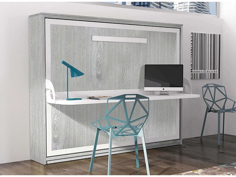Lit escamotable avec bureau 90x190 chêne gris P 35 Kinoa