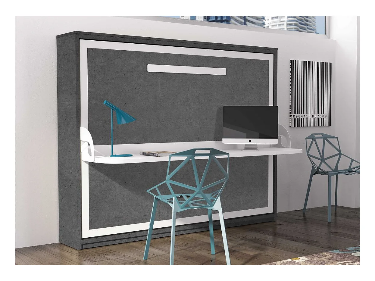 Lit escamotable avec bureau 90x190 gris ciment P 35 Kinoa