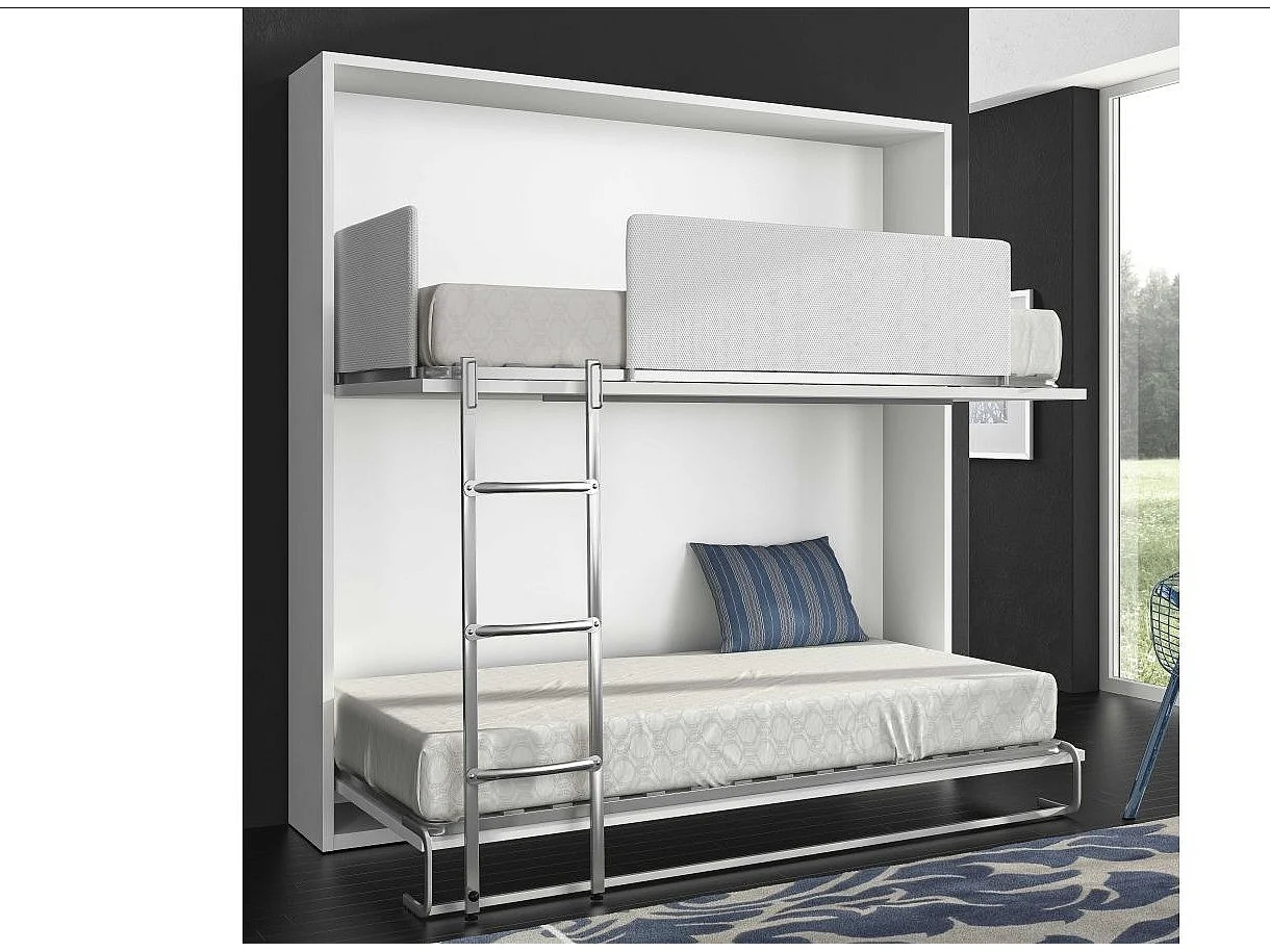 Lit escamotable superposé blanc satiné 2 couchages 90x190 Spaky