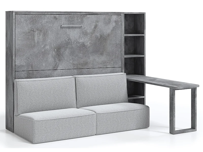 Lit escamotable 160x200 canapé etagere bureau Prolok-Canapé Gris clair-Avec étagère-Structure et Façade Gris ciment