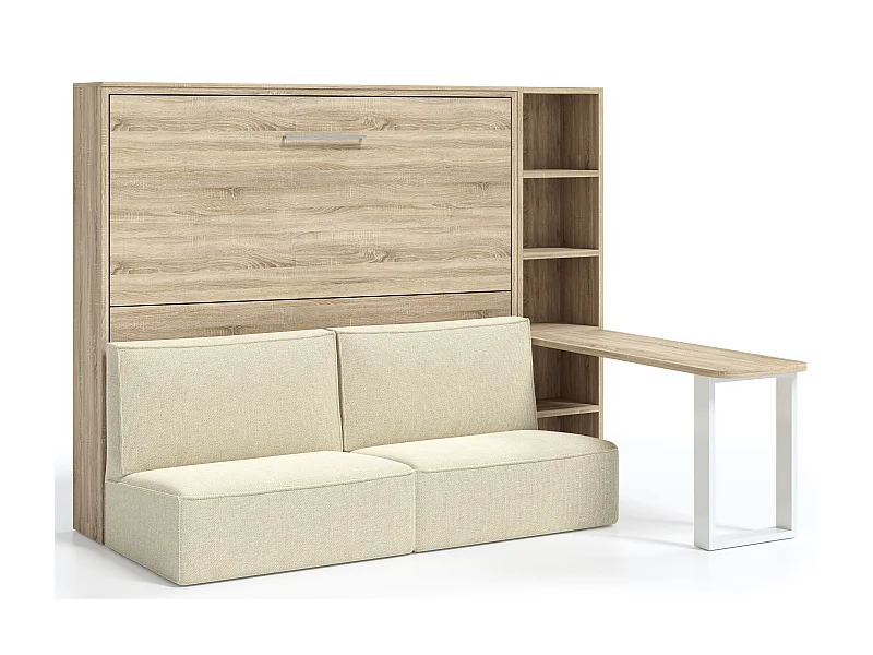 Lit escamotable 160x200 canapé etagere bureau Prolok-Canapé Beige-Structure et Façade Chêne clair