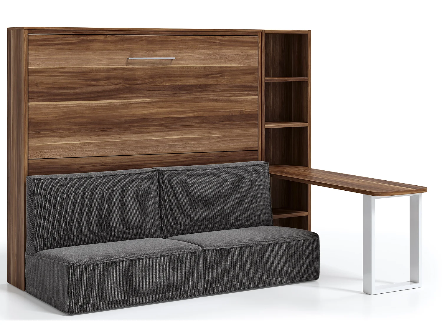 Lit escamotable 120x200 canapé etagere bureau Prolok-Avec matelas-Canapé Beige-Avec étagère-Structure et Façade Chêne clair-Avec bureau