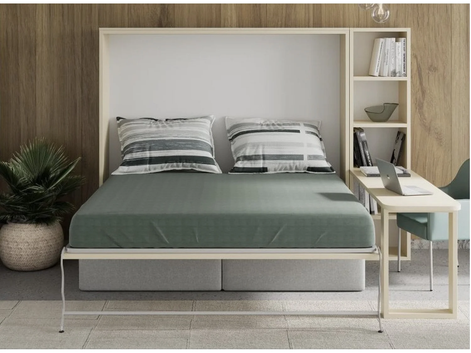 Lit escamotable 120x200 canapé etagere bureau Prolok-Avec matelas-Canapé Beige-Avec étagère-Structure et Façade Chêne clair-Avec bureau