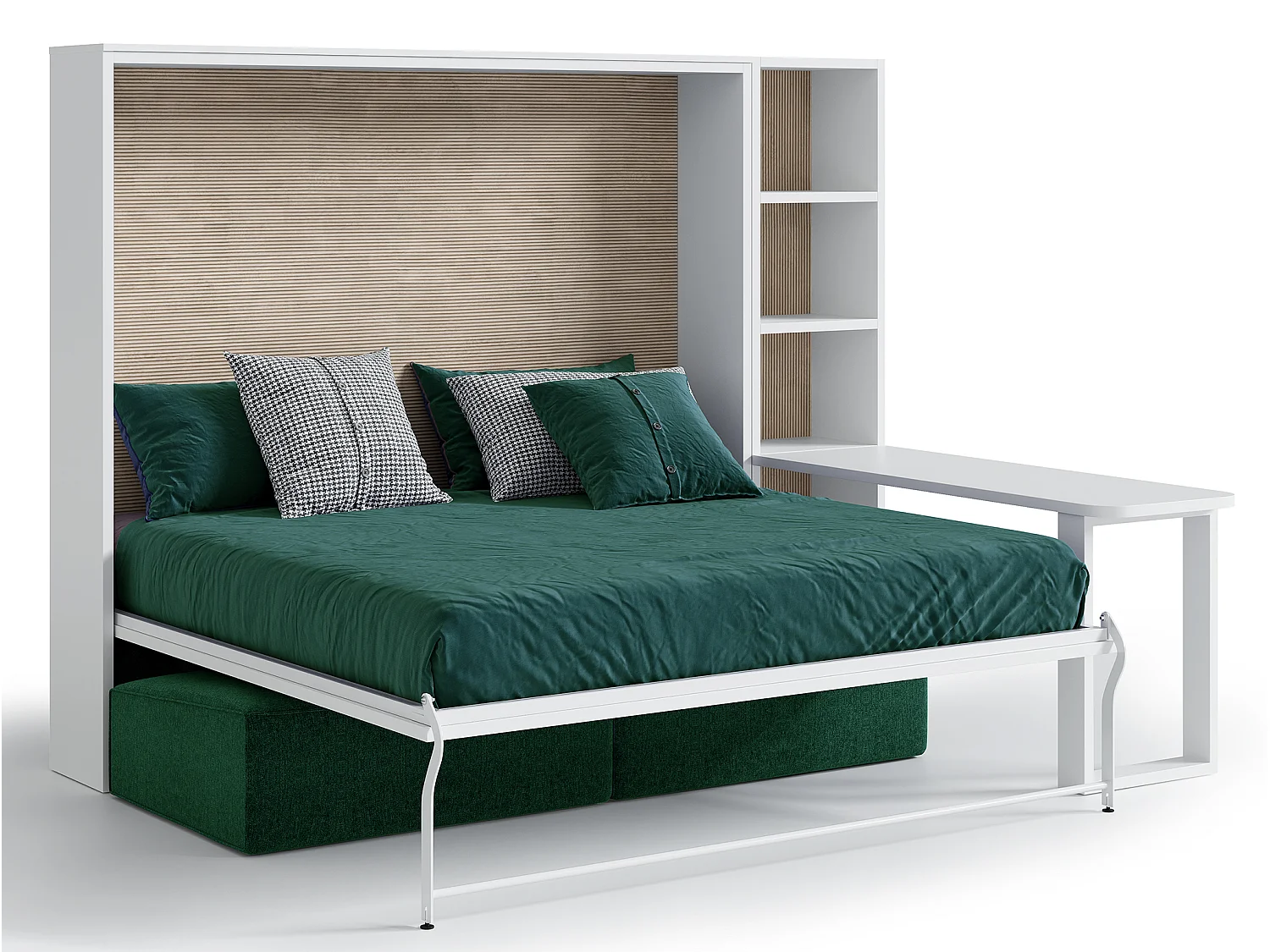 Lit escamotable 120x200 canapé etagere bureau Prolok-Avec matelas-Canapé Beige-Avec étagère-Structure et Façade Chêne clair-Avec bureau