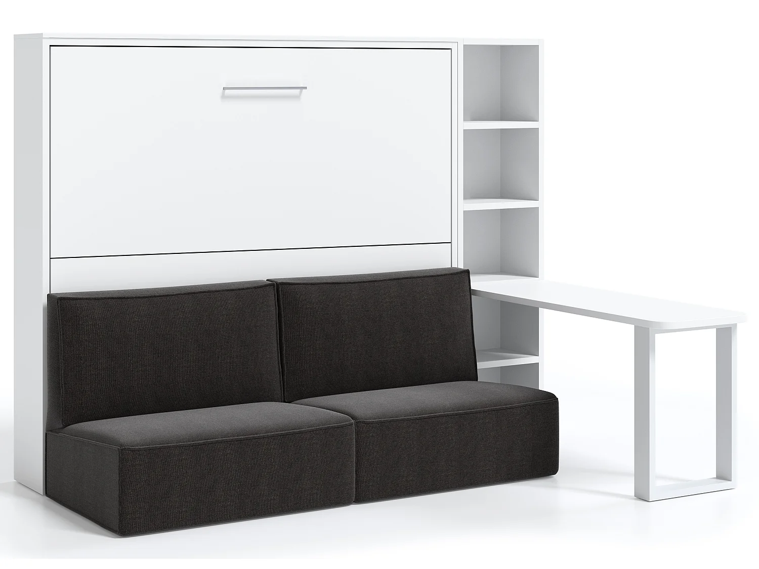 Lit escamotable 120x200 canapé etagere bureau Prolok-Avec matelas-Canapé Beige-Avec étagère-Structure et Façade Chêne clair-Avec bureau