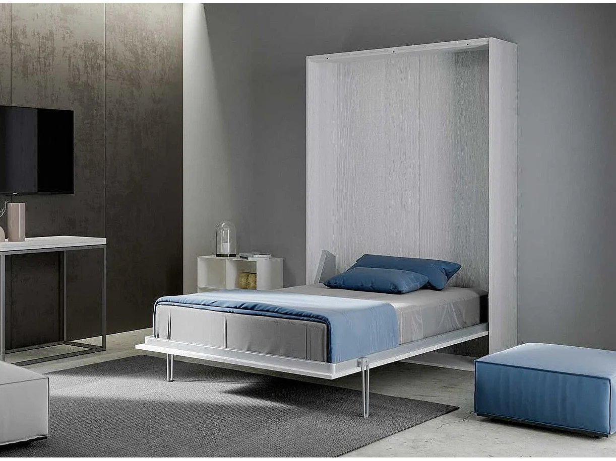 Lit escamotable vertical frêne blanc et porte marron kanto 140x190