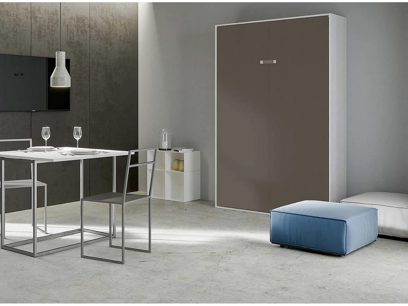 Lit escamotable vertical frêne blanc et porte marron kanto 140x190