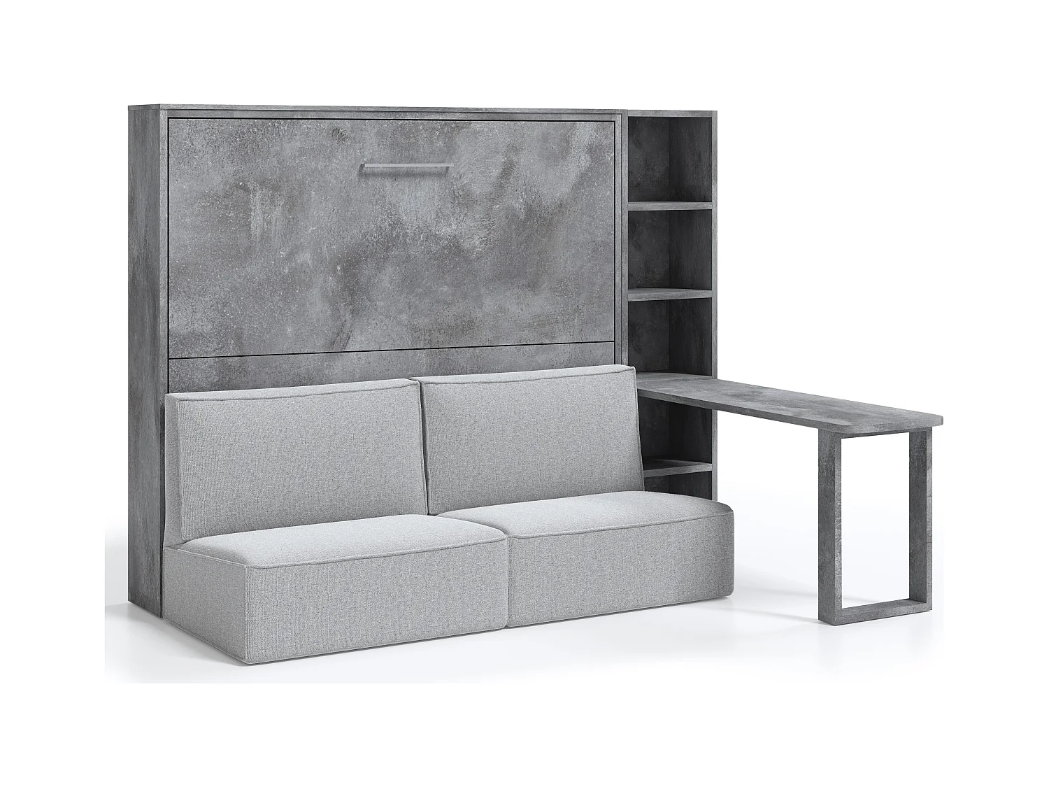 Lit escamotable 120x200 canapé etagere bureau Prolok-Canapé Gris clair-Avec étagère-Structure et Façade Gris ciment-Avec bureau