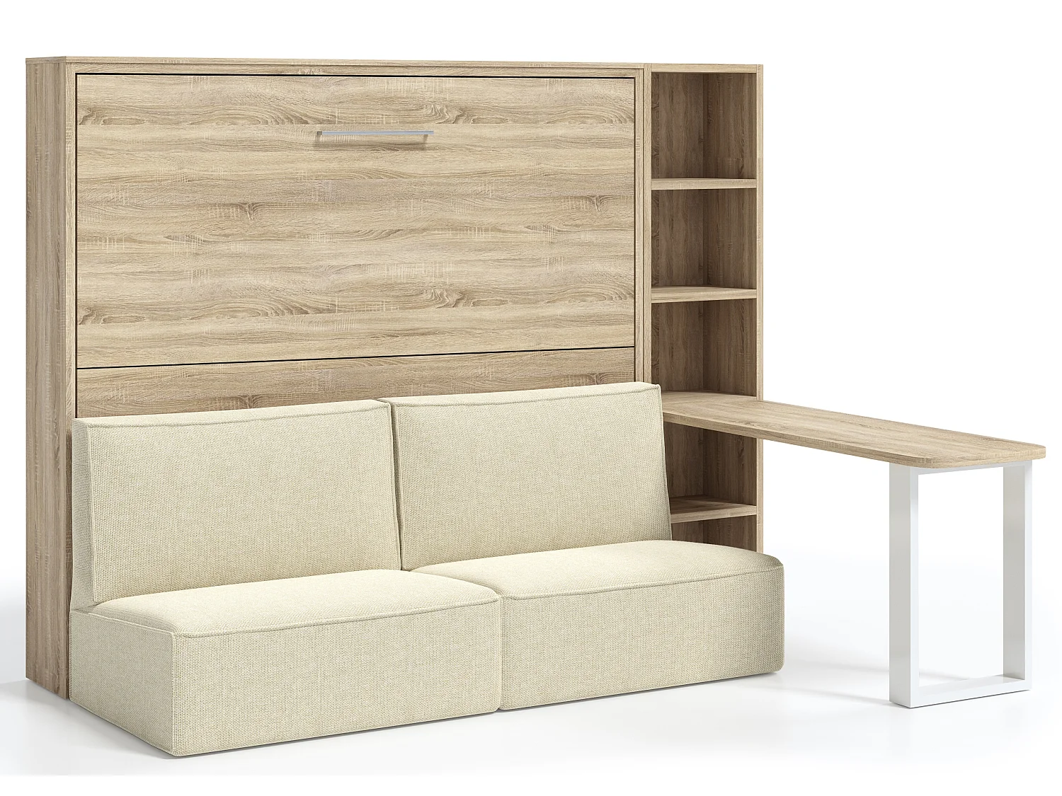 Lit escamotable 120x200 canapé etagere bureau Prolok-Canapé Gris clair-Avec étagère-Structure et Façade Gris ciment-Avec bureau