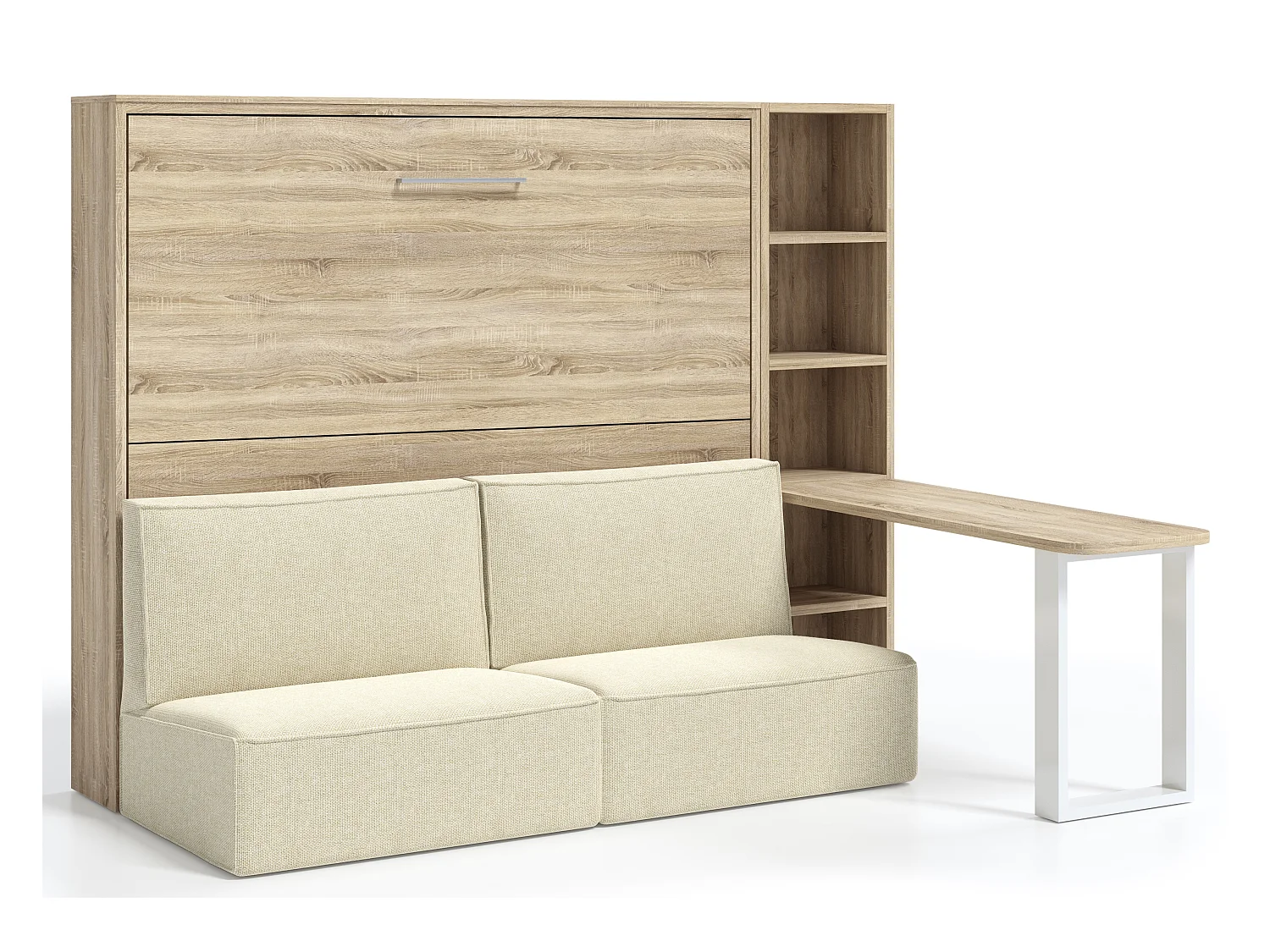 Lit escamotable 120x200 canapé etagere bureau Prolok-Canapé Beige-Avec étagère-Structure et Façade Chêne clair
