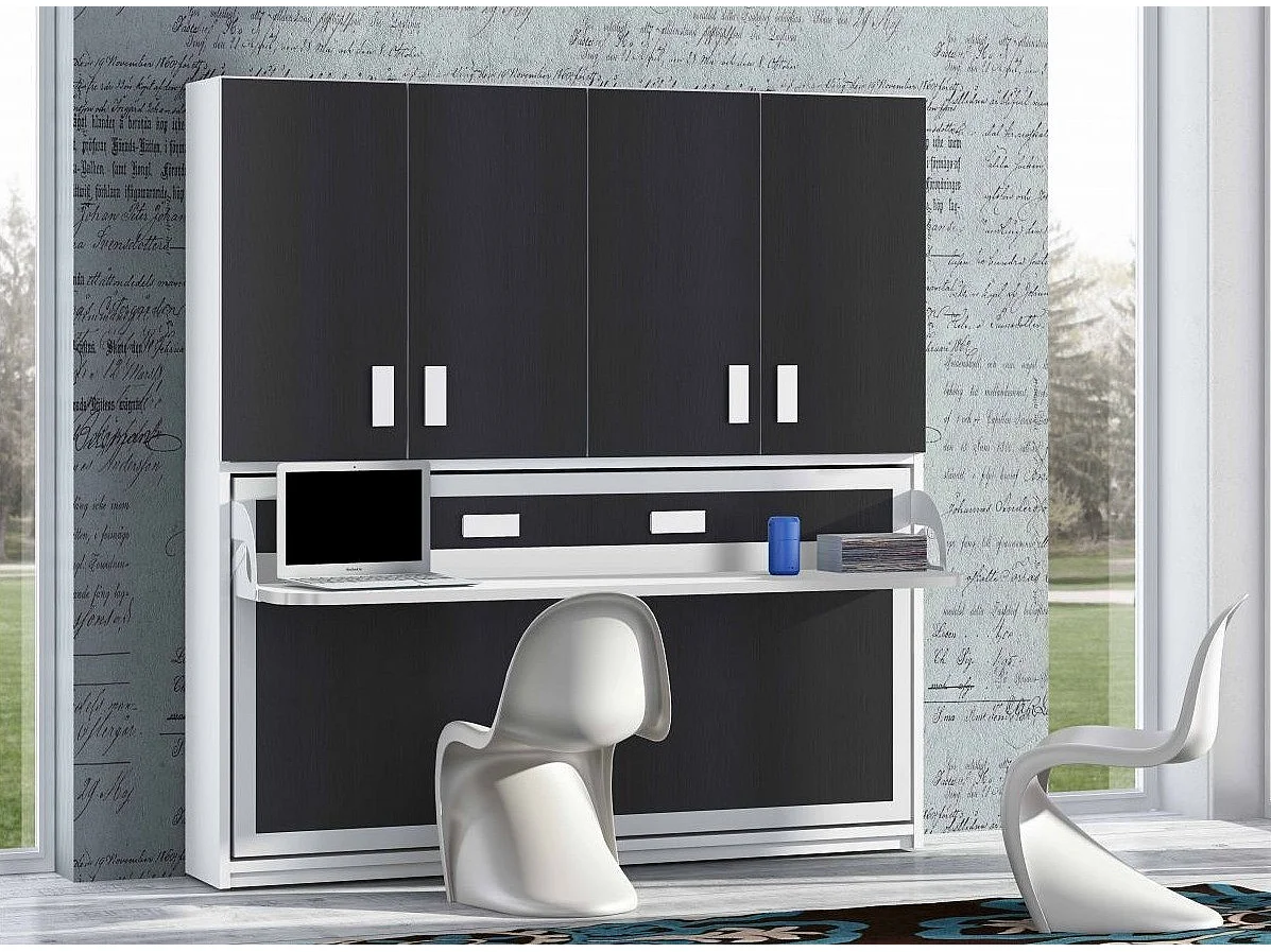 Lit escamotable 90x190 P 34cm anthracite avec étagères et bureau Miko