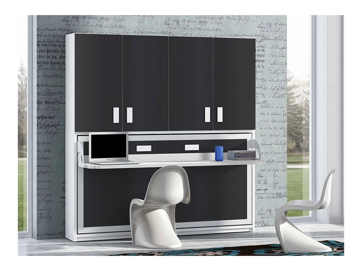 Lit escamotable 90x190 P 34cm anthracite avec étagères et bureau Miko