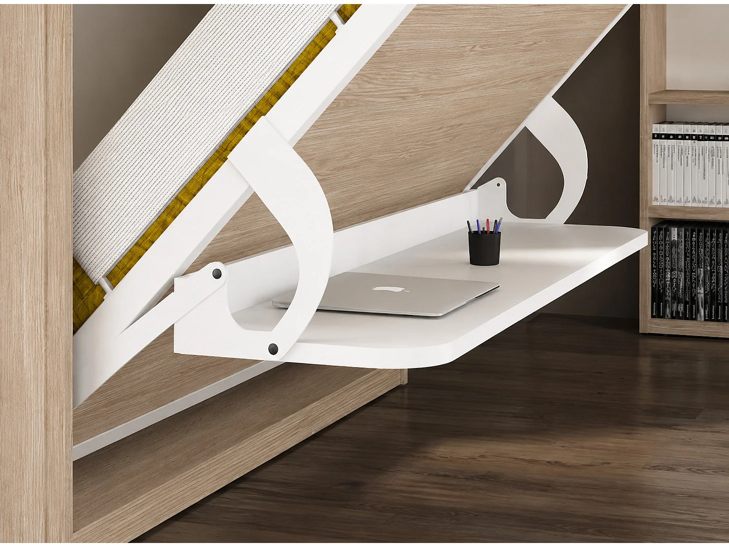 Opklapbed 90x190 cm D 34 cm antraciet met planken en Miko bureau
