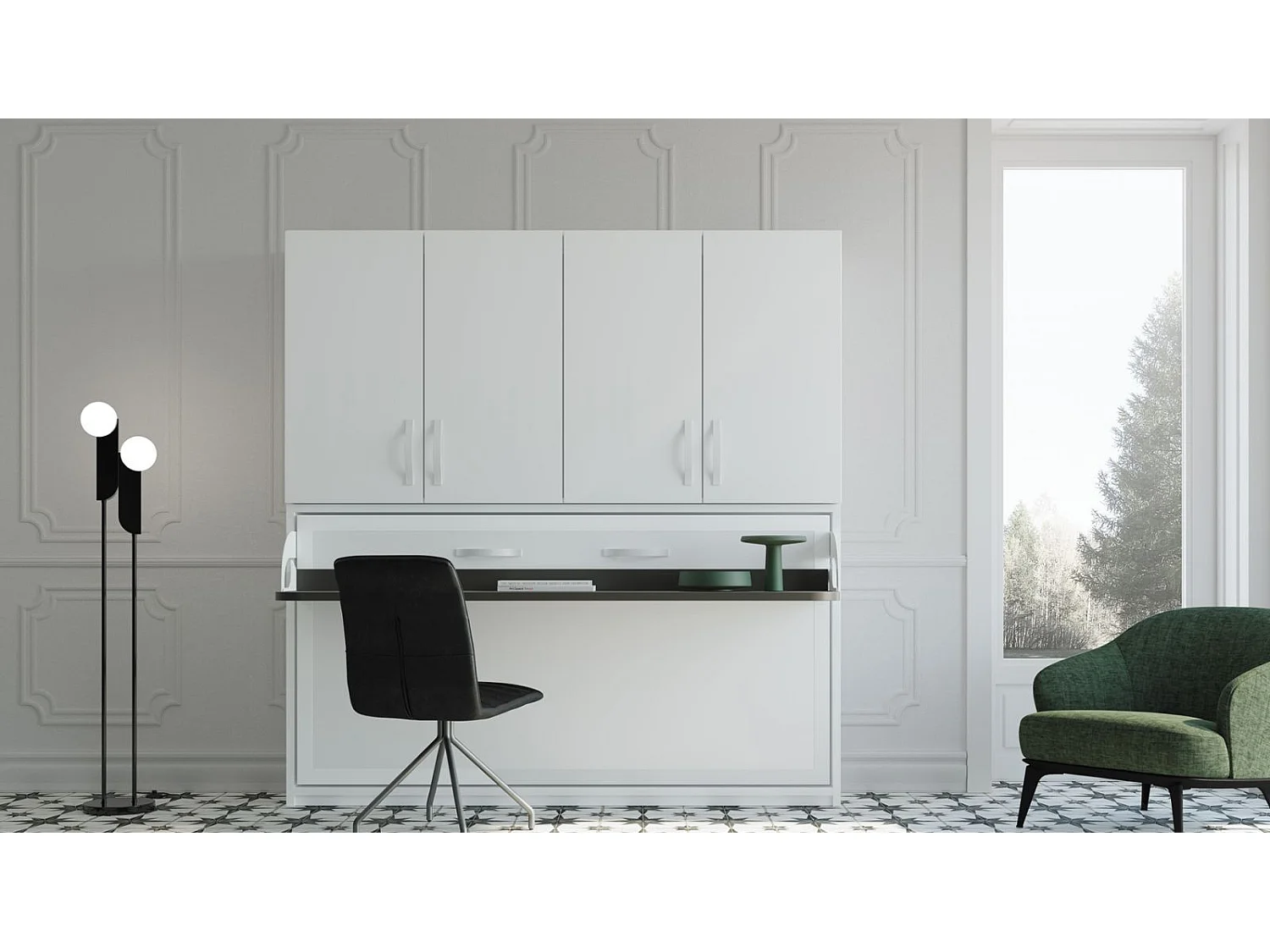 Cama abatible 140x190 cm P 53 cm blanco satinado con estantes y escritorio Miko