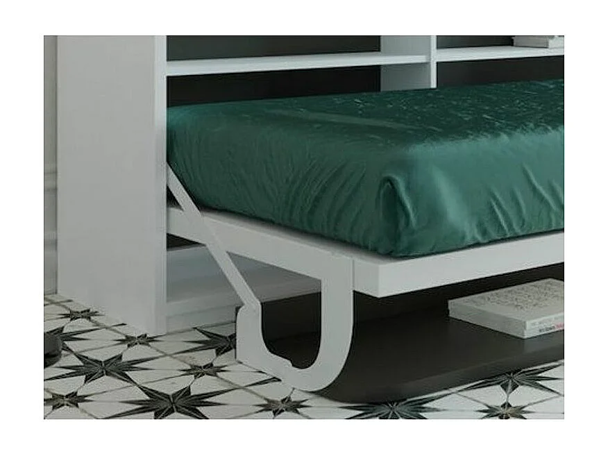 Cama abatible 140x190 cm P 53 cm blanco satinado con estantes y escritorio Miko