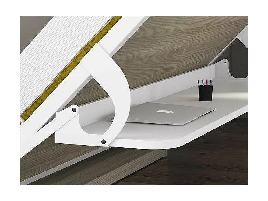 Cama abatible 140x190 cm P 53 cm blanco satinado con estantes y escritorio Miko