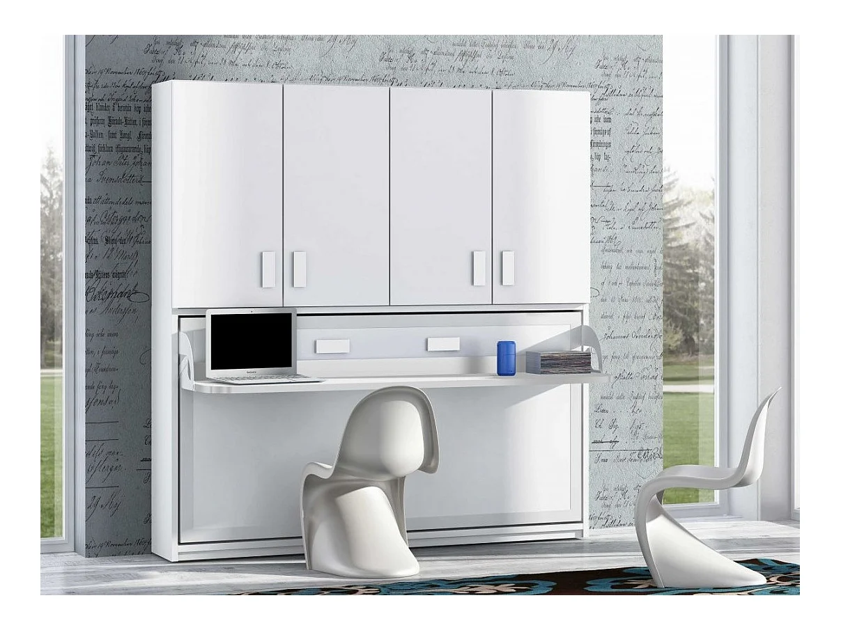 Lit escamotable 140x190 P 53cm blanc satiné avec étagères et bureau Miko