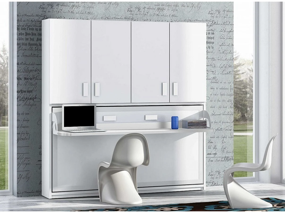 Lit escamotable 140x190 P 53cm blanc satiné avec étagères et bureau Miko