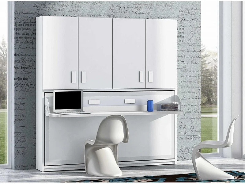 Lit escamotable 140x190 P 53cm blanc satiné avec étagères et bureau Miko