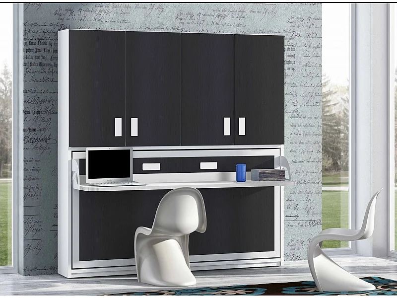 Lit escamotable 140x190 P 53cm anthracite avec étagères et bureau Miko