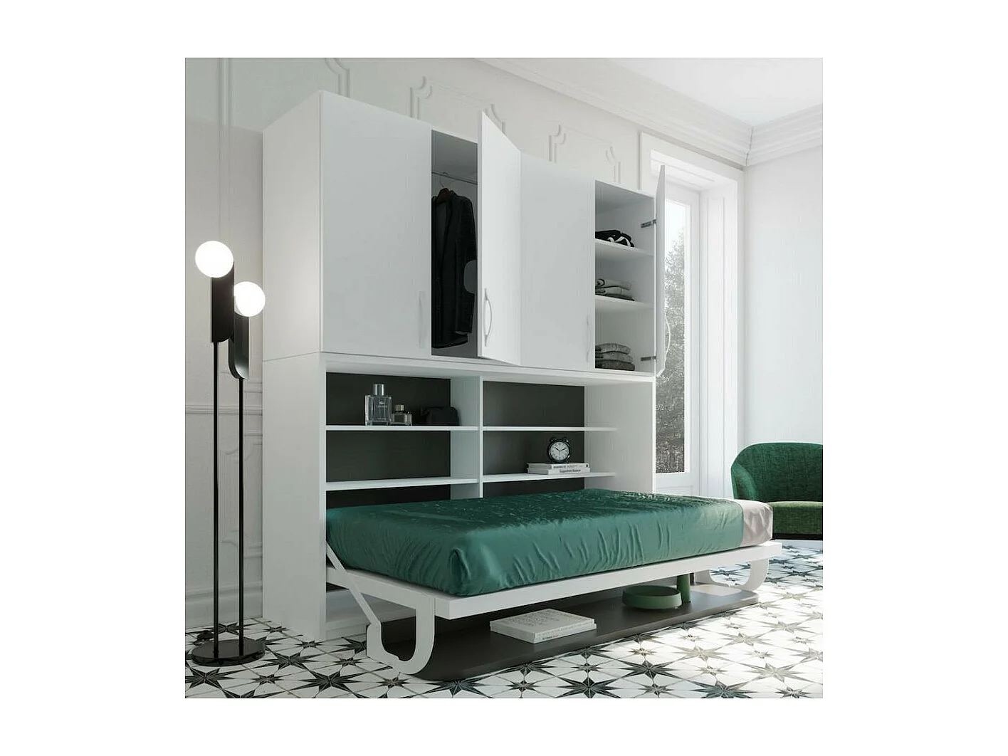 Lit escamotable 140x190 P 53cm anthracite avec étagères et bureau Miko