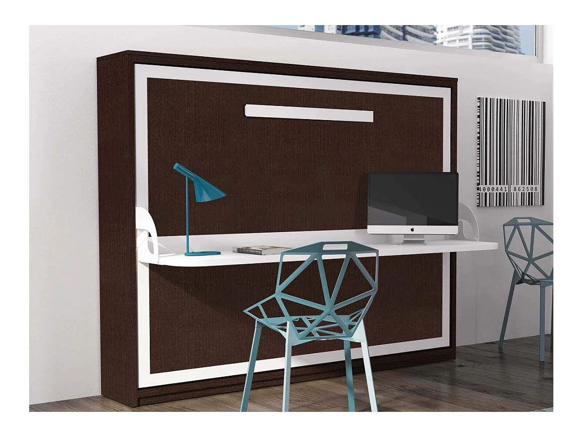 Lit escamotable avec bureau 90x190 chocolat P 35 Kinoa
