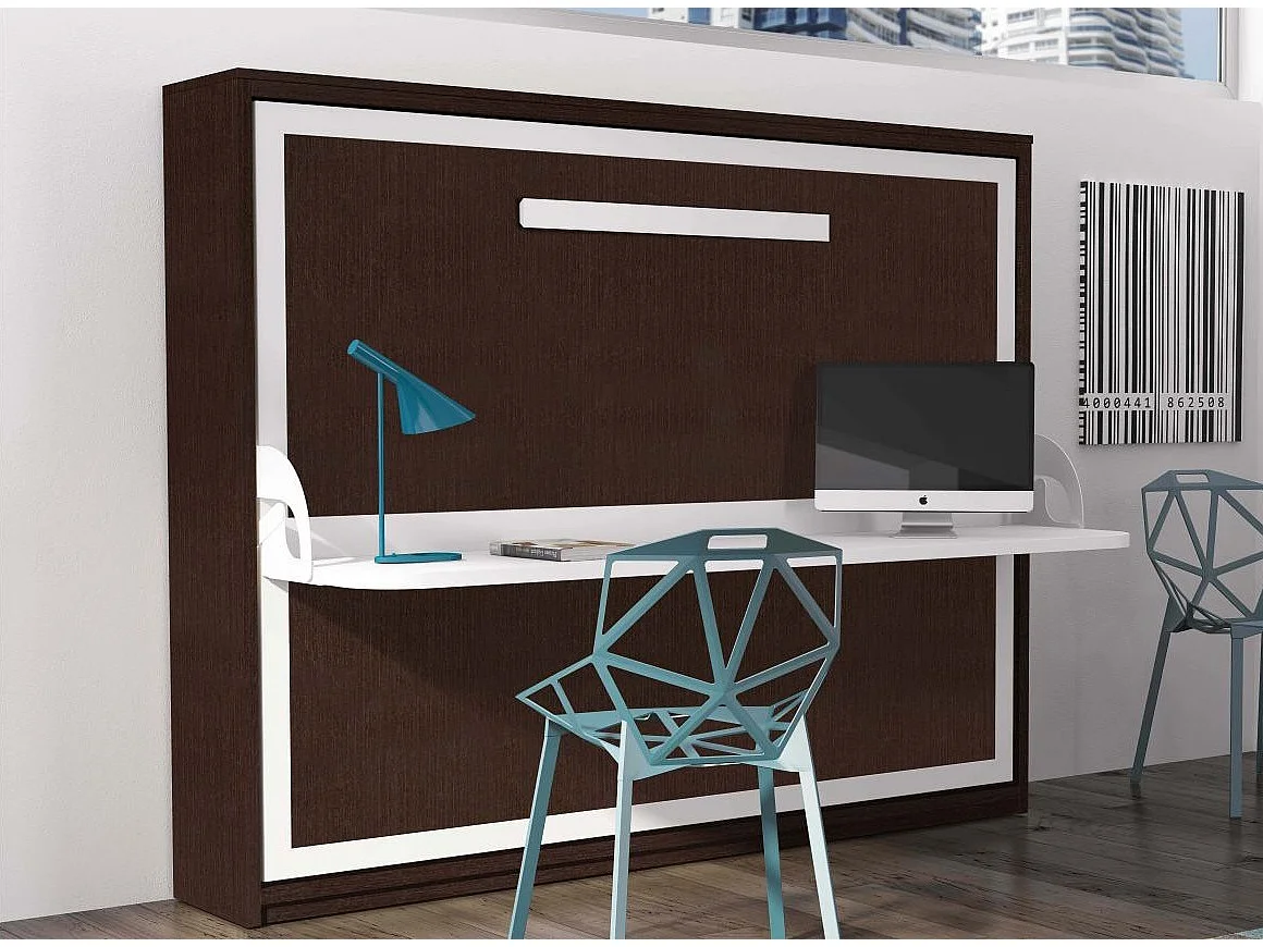 Lit escamotable avec bureau 90x190 chocolat P 35 Kinoa
