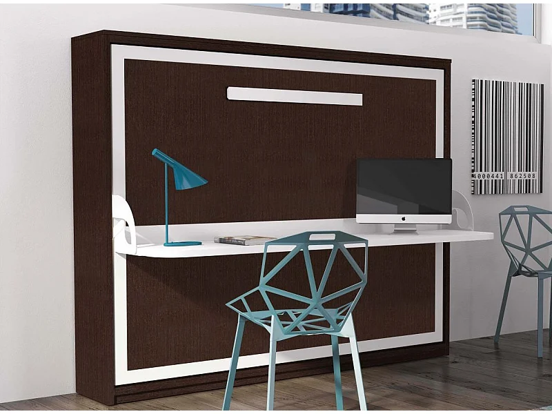 Lit escamotable avec bureau 90x190 chocolat P 35 Kinoa