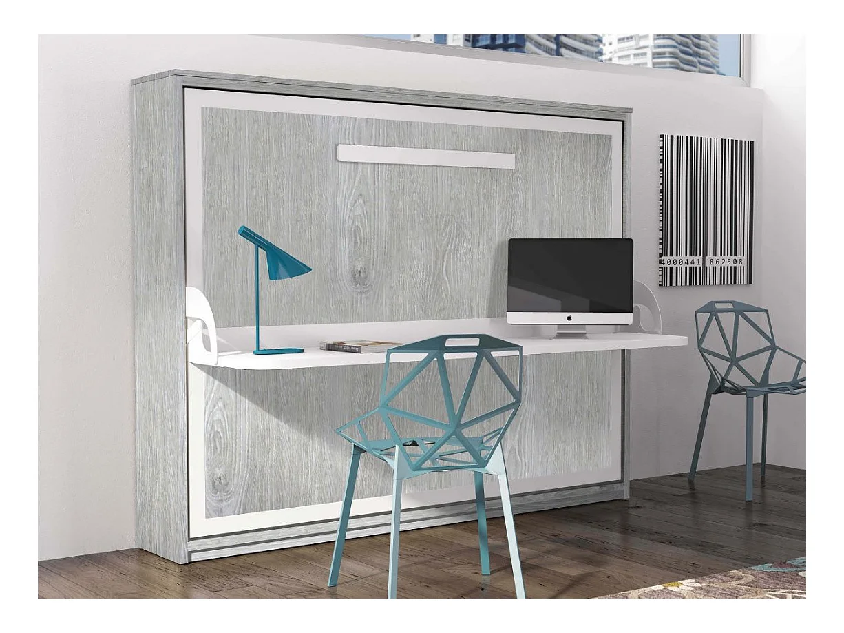 Lit escamotable avec bureau 90x200 chêne gris P 35 Kinoa