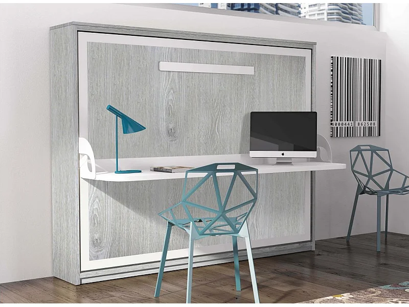 Lit escamotable avec bureau 90x200 chêne gris P 35 Kinoa