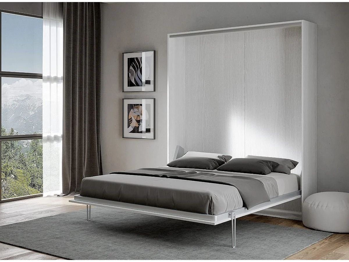 Lit escamotable vertical frêne blanc et porte violet kanto 160x190