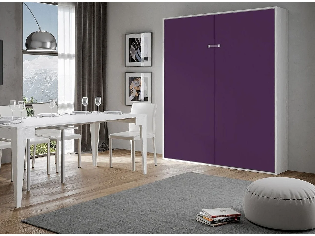 Lit escamotable vertical frêne blanc et porte violet kanto 160x190