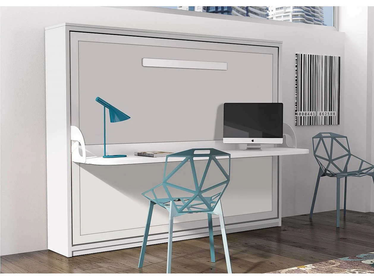 Lit escamotable avec bureau 140x190 blanc satiné P 35 Kinoa