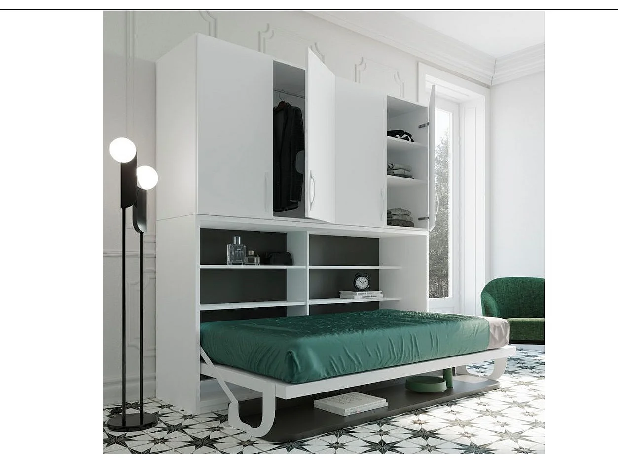 Cama plegable 140x190 cm P 53 cm roble blanqueado con estantes y escritorio Miko