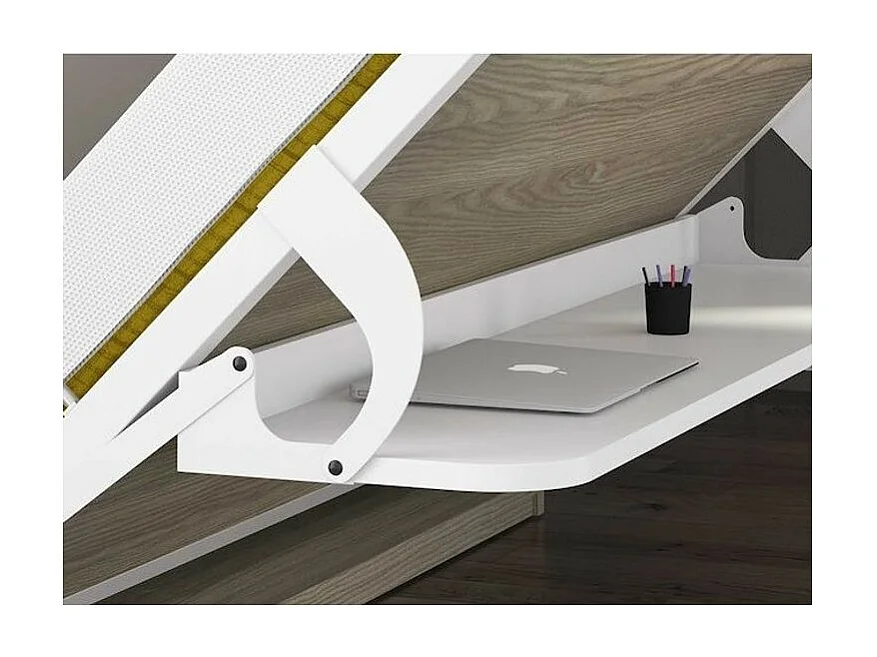Lit escamotable 140x190 P 53cm chêne blanchi avec étagères et bureau Miko