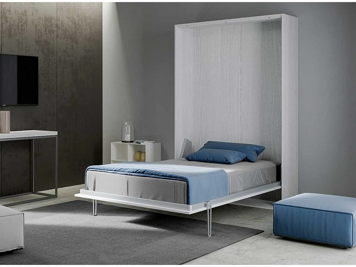 Lit escamotable vertical frêne blanc et porte beige kanto 120x190