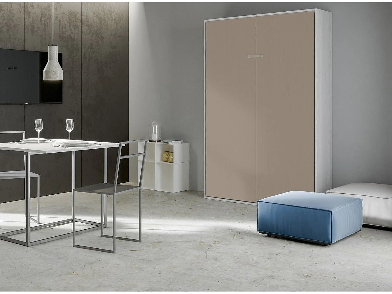 Lit escamotable vertical frêne blanc et porte beige kanto 120x190
