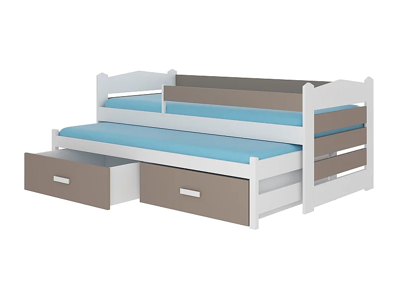 Lit gigogne blanc et taupe 2 couchages 90x200 avec 2 coffres de rangement Kuska