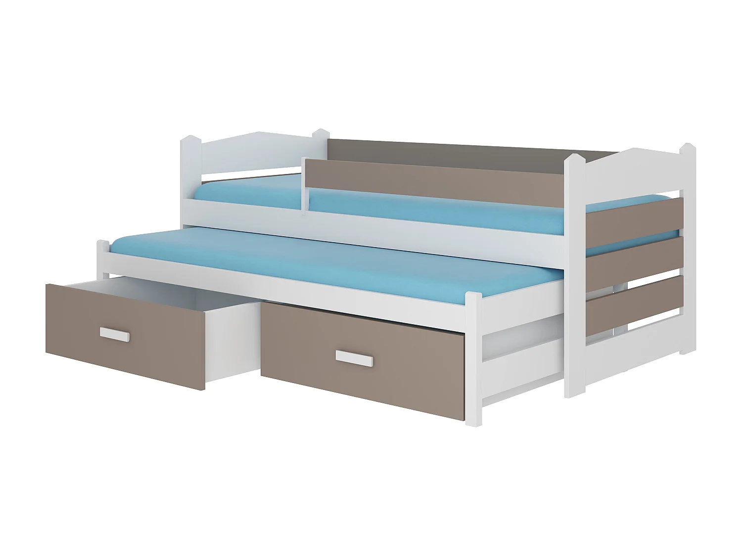 Lit gigogne blanc et taupe 2 couchages 90x200 avec 2 coffres de rangement Kuska